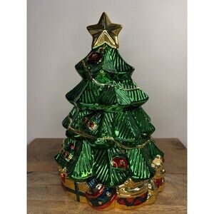 VINTAGE LILLIAN VERNON METALLIC PAINTED PORCELAIN CHRISTMAS TREE COOKIE JAR